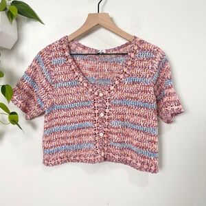 Outryt Womens Crochet Cropped Cardigan Medium Pink Blue Striped Short Sleeve Top